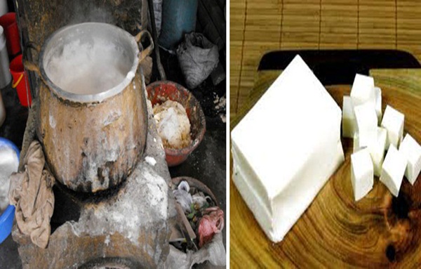Giật mình khi tận mắt chứng kiến hàng nghìn miếng đậu trắng bán ngoài chợ được ra đời trong những khu sản xuất, nồi chứa dụng cụ làm đậu (trái) bẩn thỉu. 
