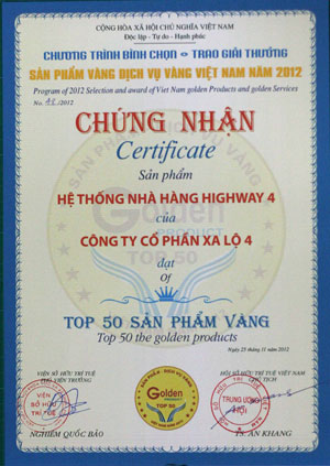 Hệ thống nhà hàng Highway4 đạt Top 50 Dịch vụ vàng Việt Nam năm 2012