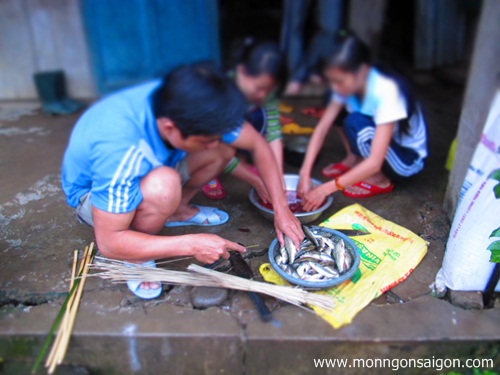 Thầy cô giáo cắm bản huyện Nam Trà My (Quảng Nam) đang dùng sợi giang xuyên cá để nướng.