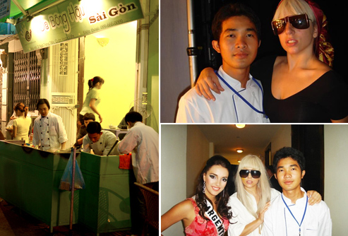 Ảnh (bên phải) anh đầu bếp chụp cùng Lady Gaga, khi cuộc thi Miss Universe 2008 được tổ chức tại Việt Nam.