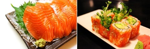 Những lát sashimi cá hồi với sắc cam mỡ màng.