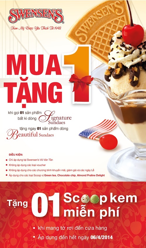 Chương trình Mua 1 tặng 1 hấp dẫn tại Swensen’s 62 Võ Văn Tần.