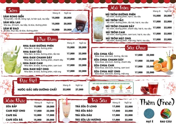 Menu đồ uống với những món tốt cho sức khỏe và giá rất phải chăng. 
