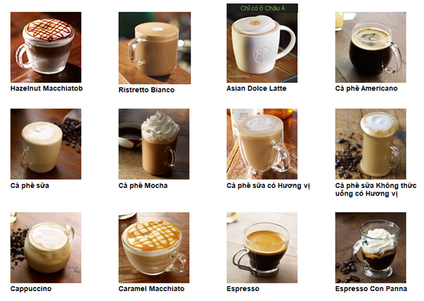Một số đồ uống tiêu biểu của Starbucks.