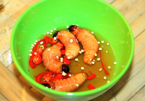 Đuông dừa sống chấm nước mắm ớt sẽ khiến nhiều người sợ sệt khi thưởng thức. Ảnh: Tiêu Phong